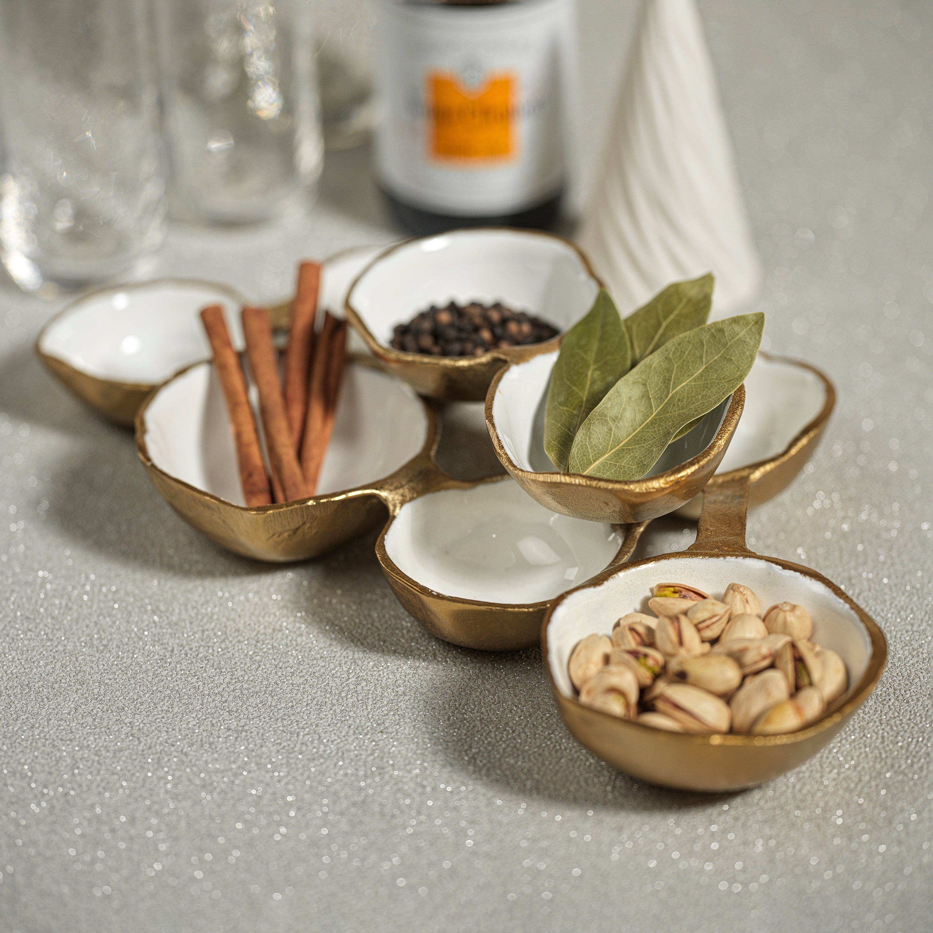 Image of Small Cluster of Eight Serving Bowls in Gold and White