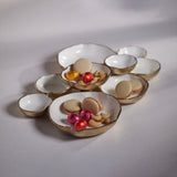 Image of Cluster of Nine Round Serving Bowls in Gold and White