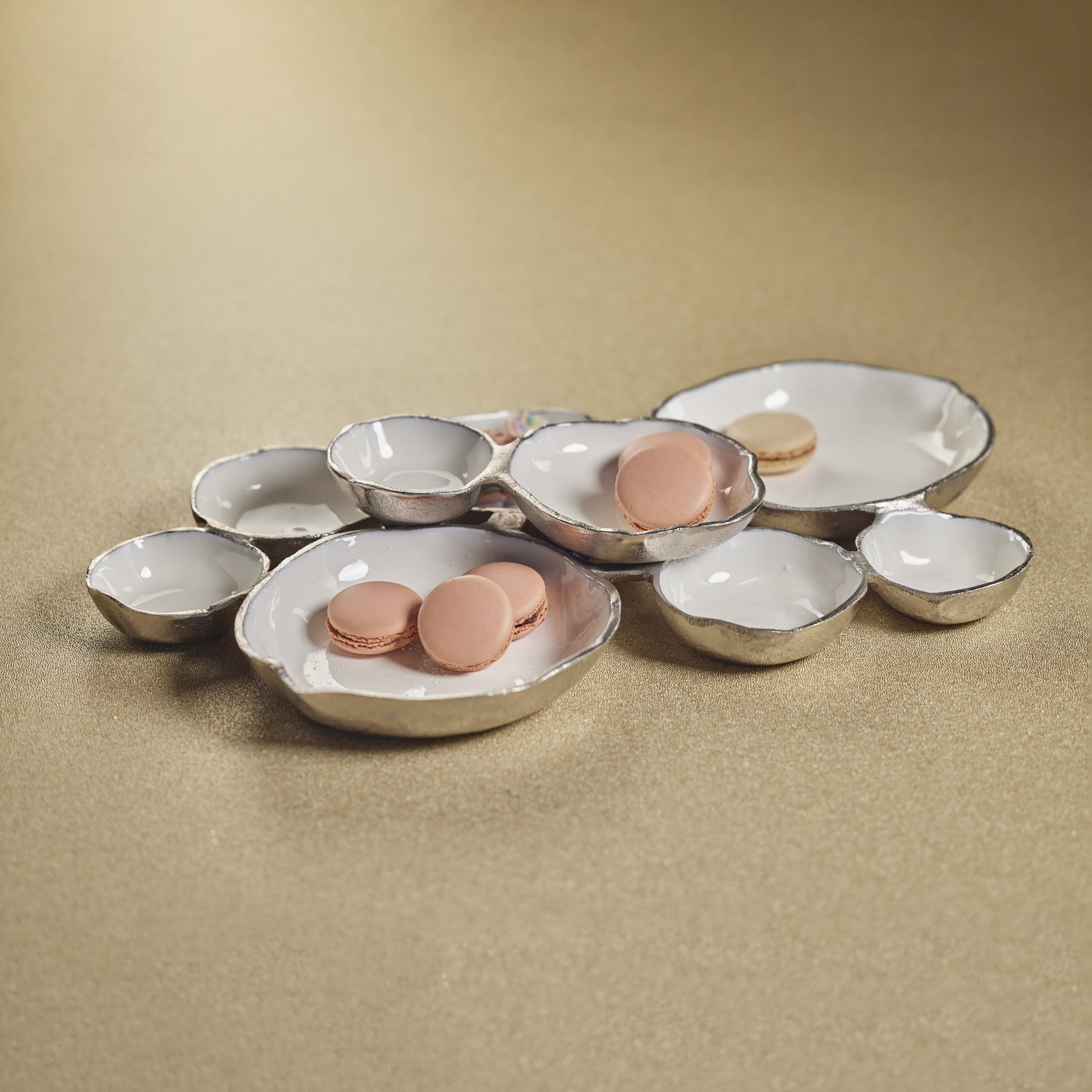 Image of Cluster of Nine Round Serving Bowls in Nickel and White