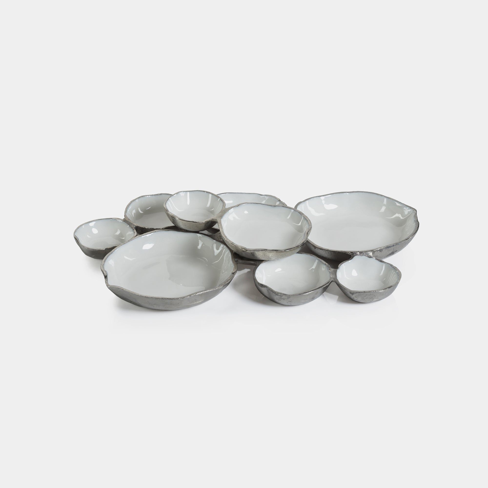 Image of Cluster of Nine Round Serving Bowls in Nickel and White